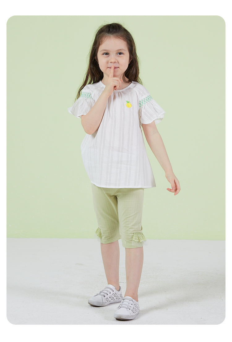 Gir'l's White Top With Green Embroidery