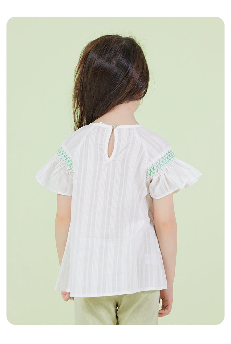 Gir'l's White Top With Green Embroidery