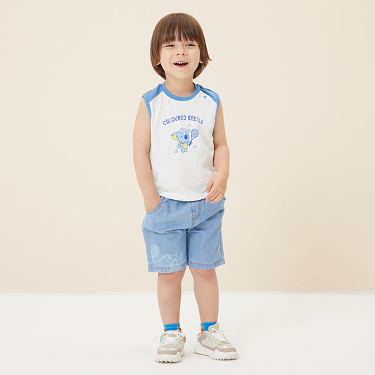 Boy's Light Blue Denim Shorts with Sports Print