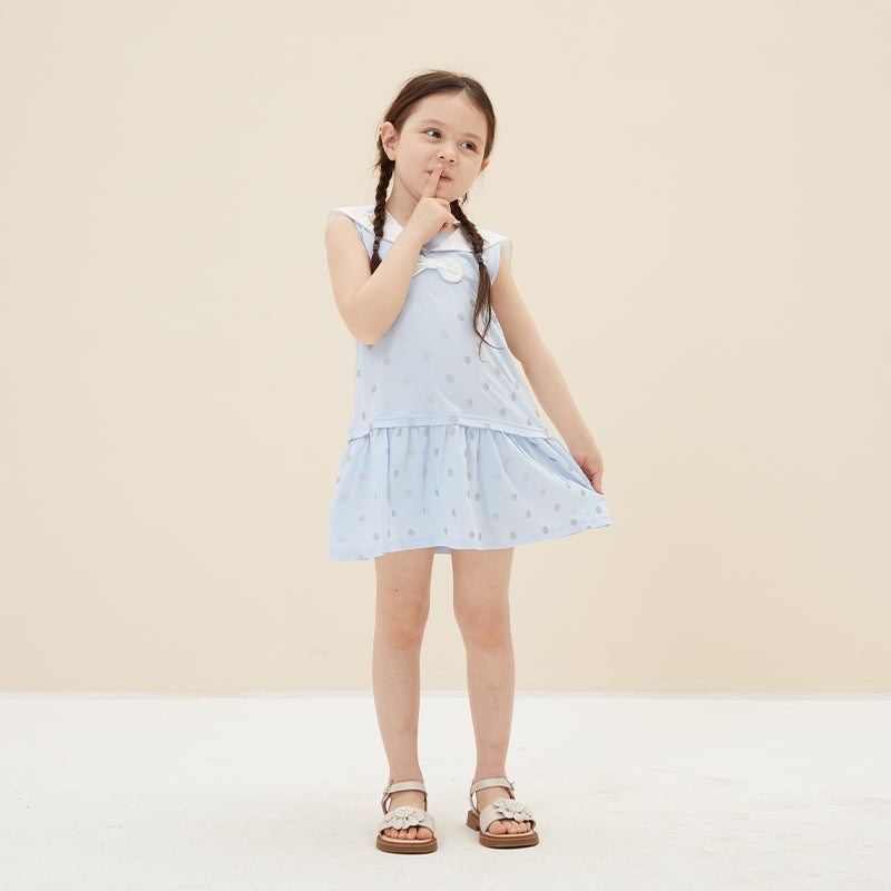 Girl's Blue Polkadots Pattern Summer Dress