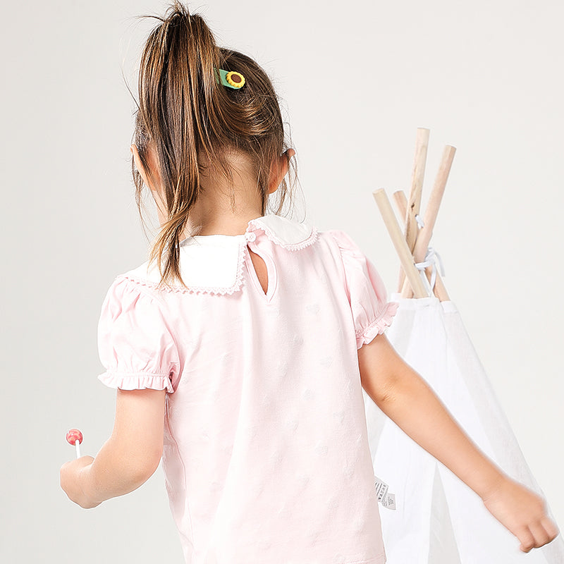 Girl's Pink Short Sleeve Casual Top With Peter Pan Collar