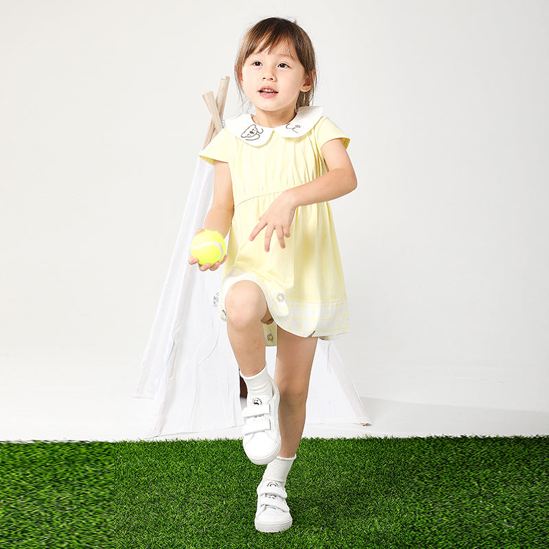 Girl's Yellow White Casual Dress With Peter Pan Koala Collar