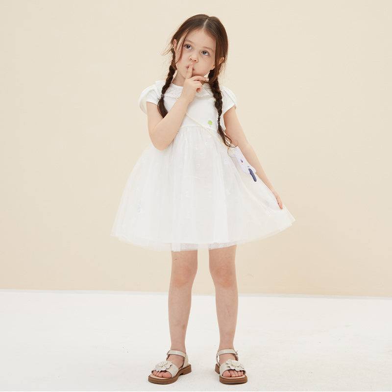 Girl's Yellow White Dress With Cute Crossbody Bag