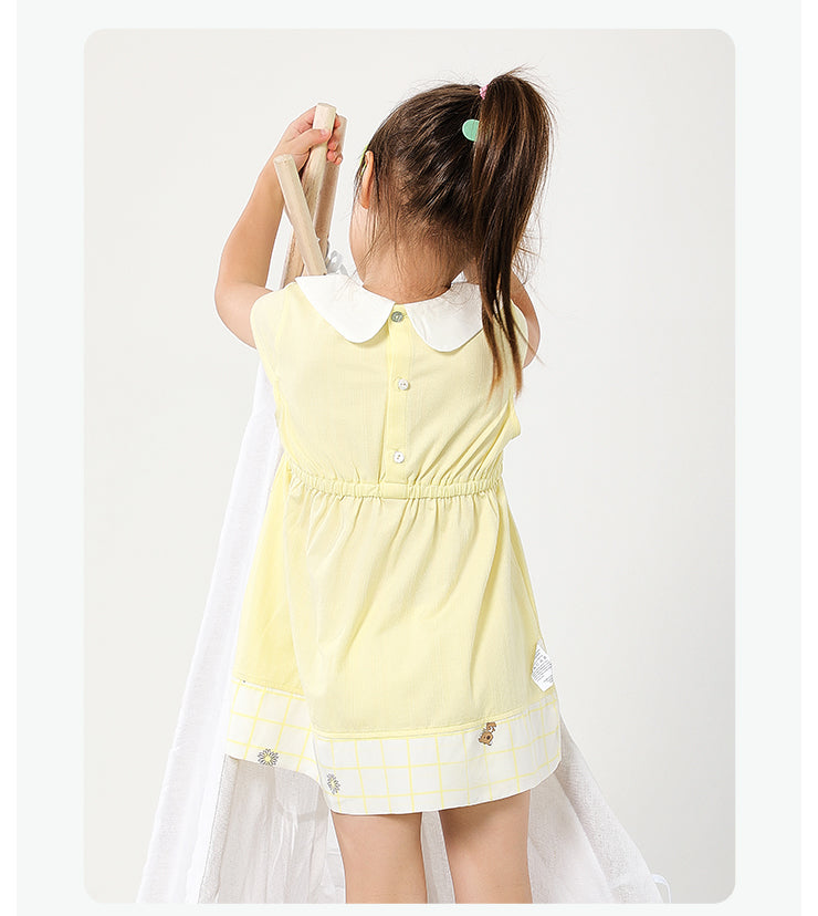 Girl's Yellow White Casual Dress With Peter Pan Koala Collar