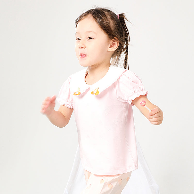 Girl's Pink Short Sleeve Casual Top With Peter Pan Collar