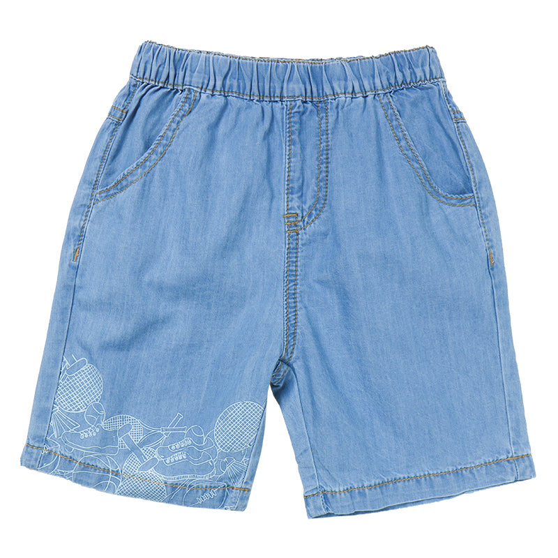 Boy's Light Blue Denim Shorts with Sports Print