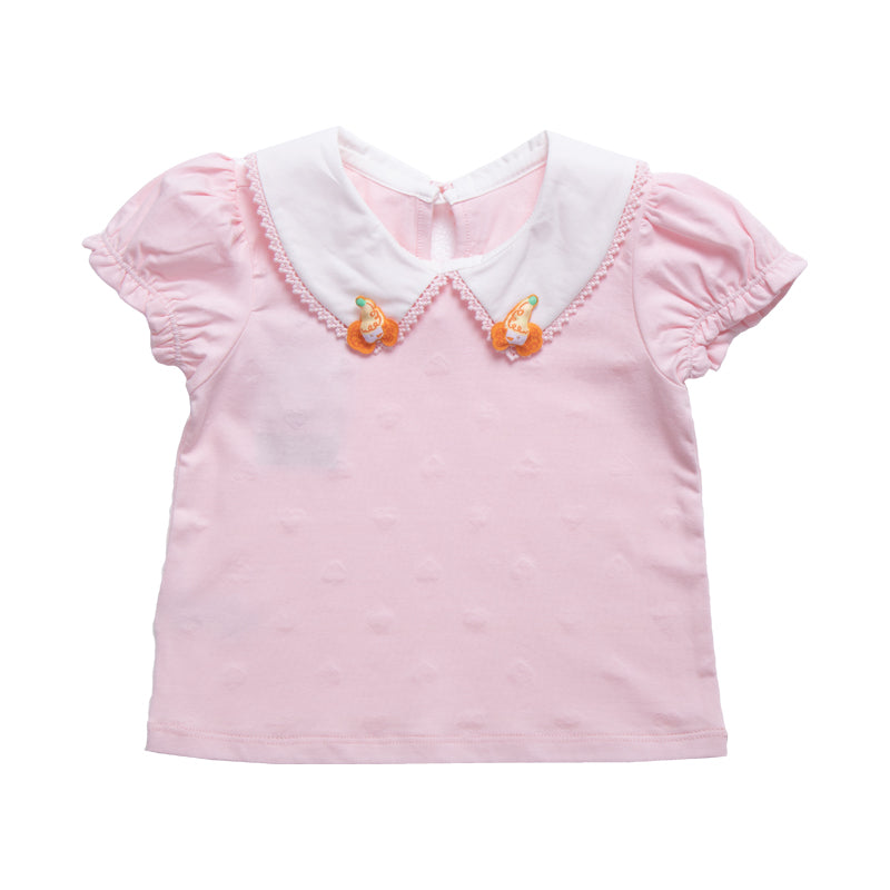 Girl's Pink Short Sleeve Casual Top With Peter Pan Collar