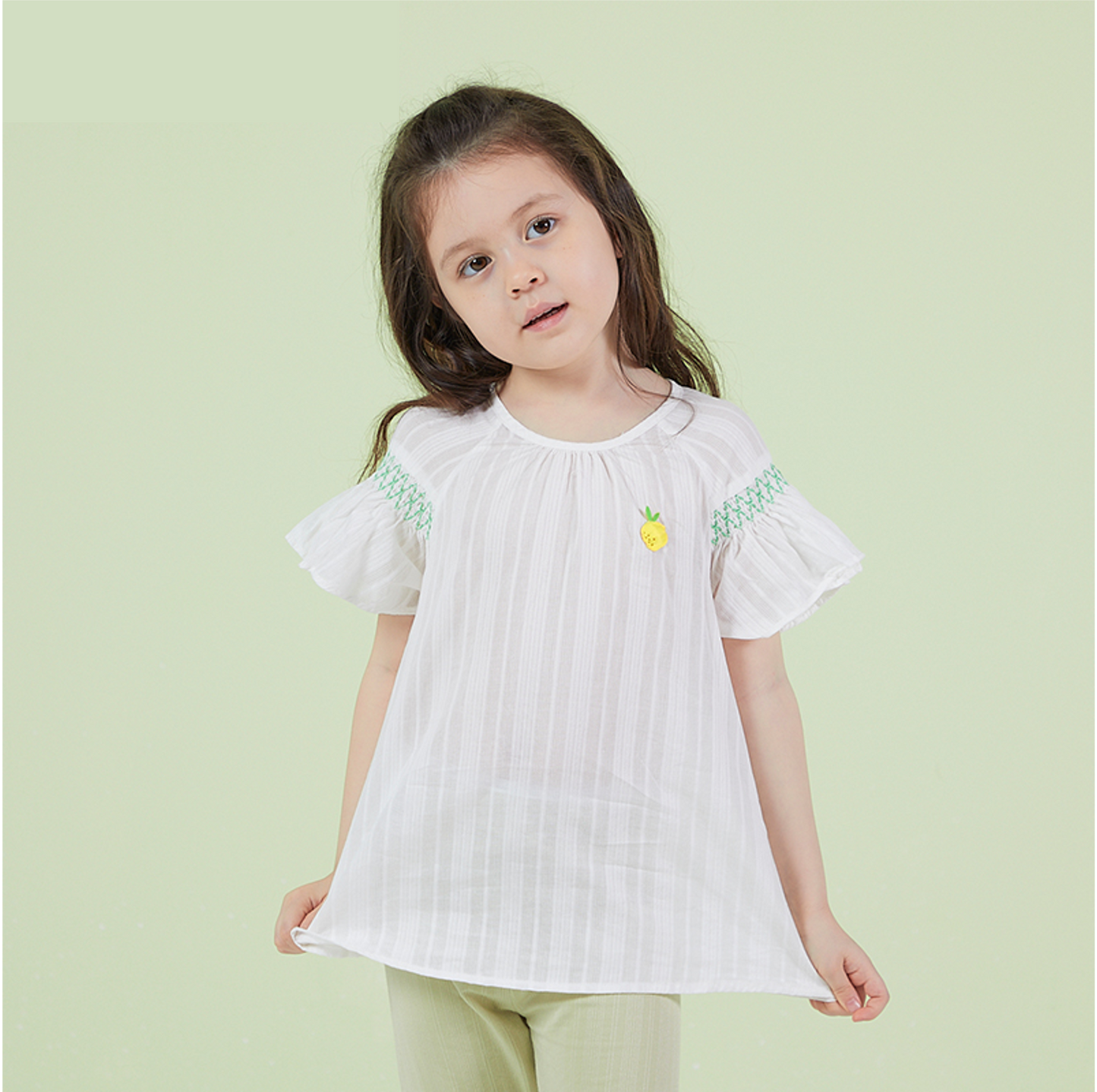 Gir'l's White Top With Green Embroidery