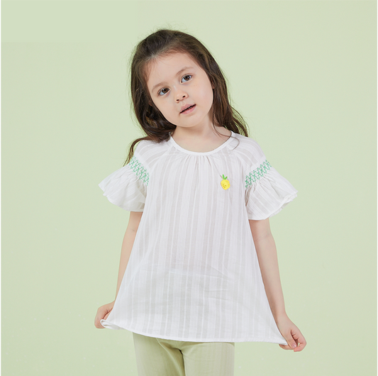 Gir'l's White Top With Green Embroidery